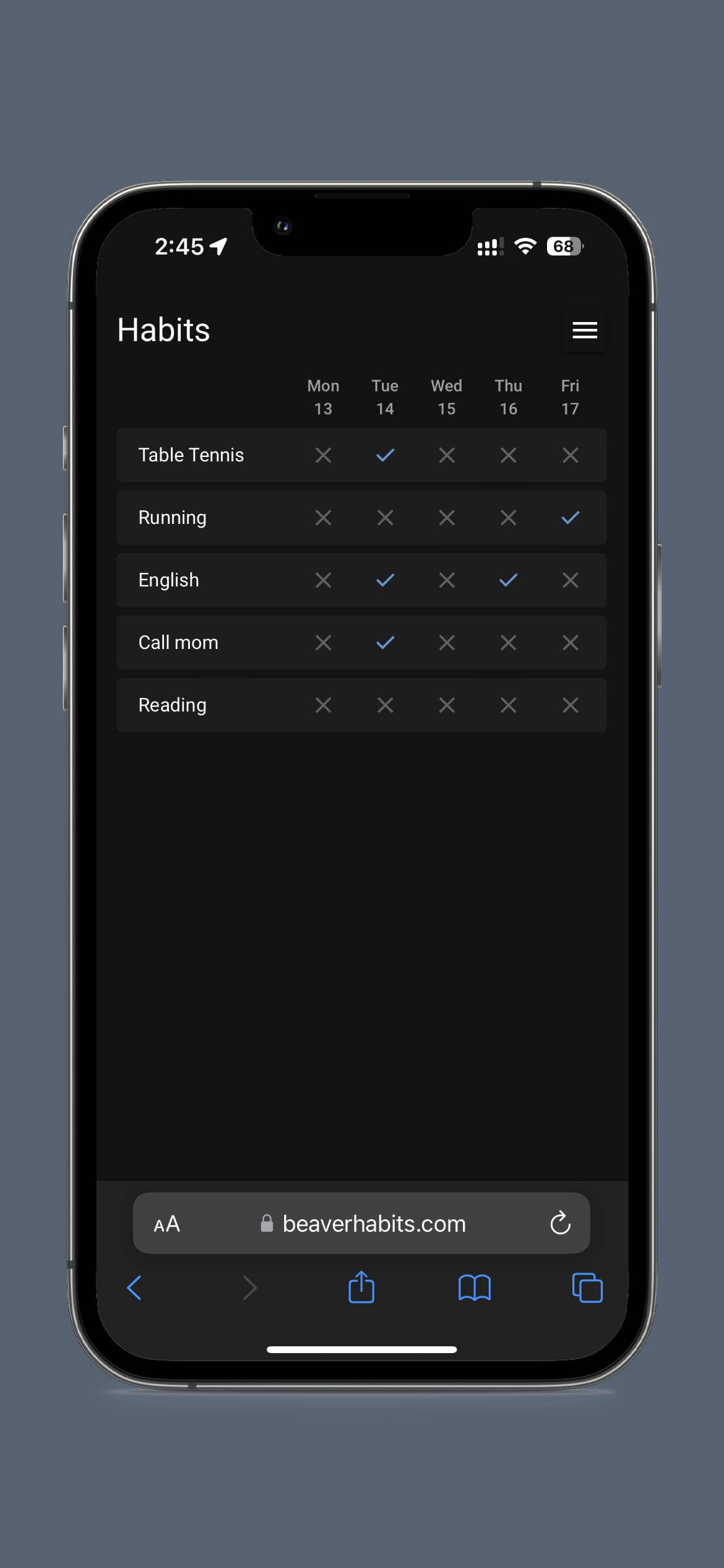 Habit list view showing daily tracking